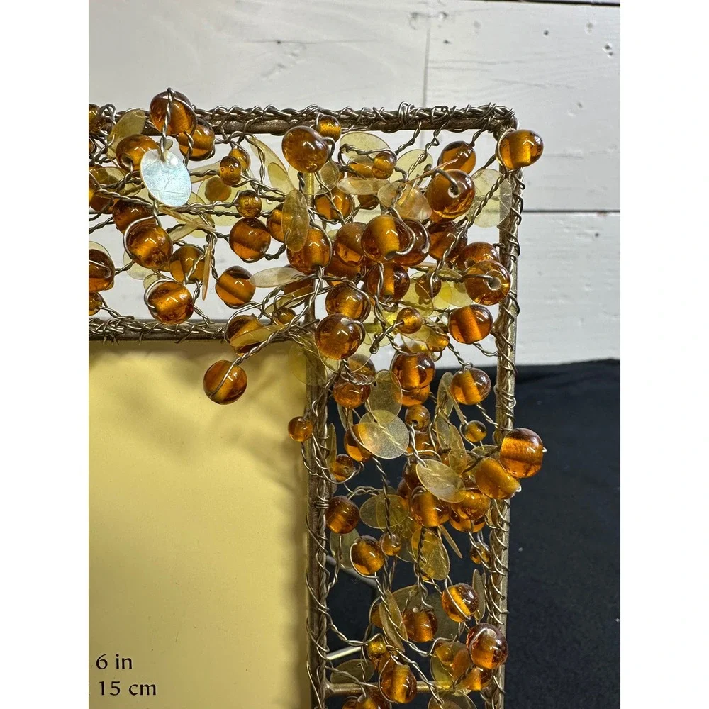 Pier 1 Imports Amber Beaded Wire 4x6 Picture Frame Gold Tone Boho Home Decor
